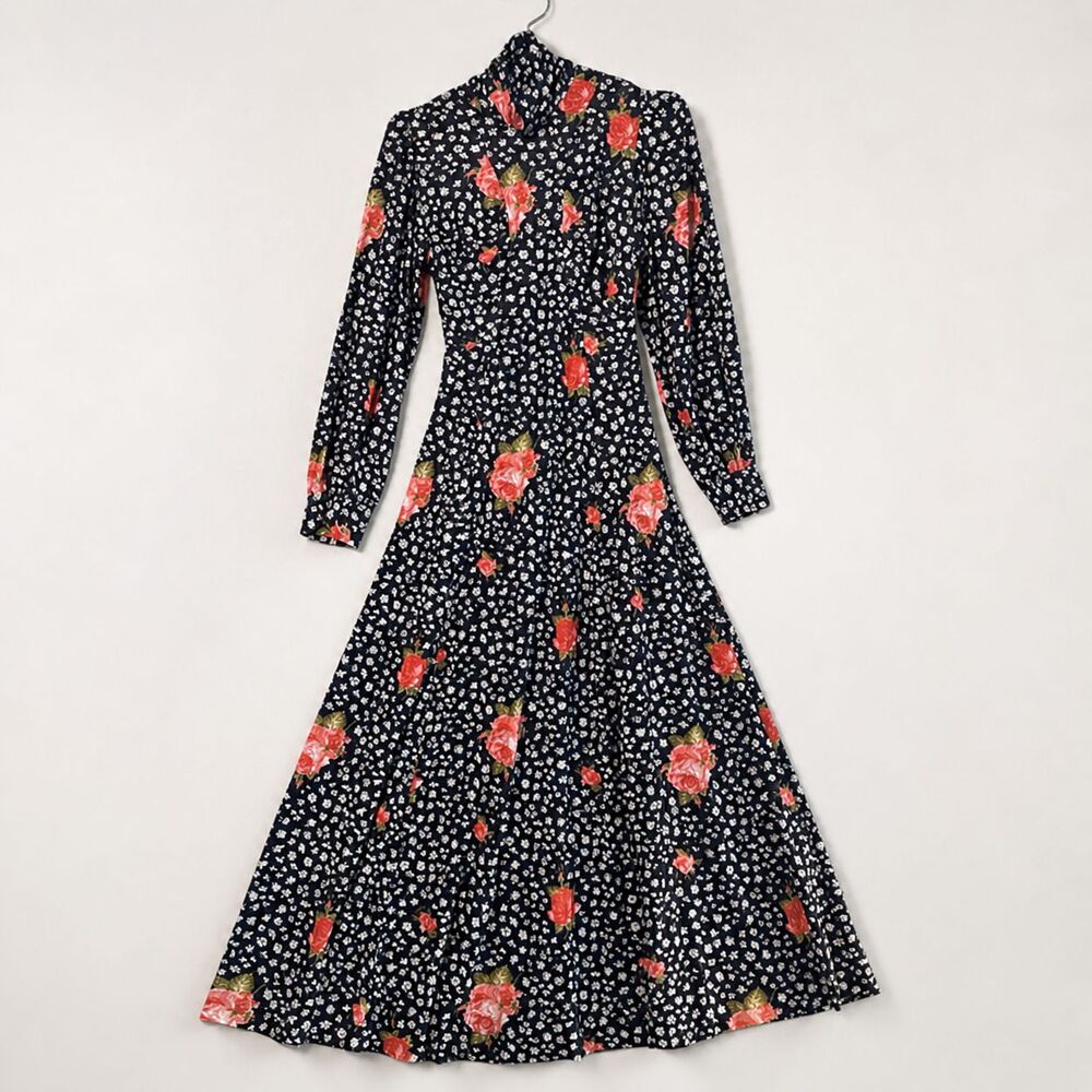 Vintage Handmade Navy Floral Dress Long Sleeve High Neck Cottagecore Midi Maxi